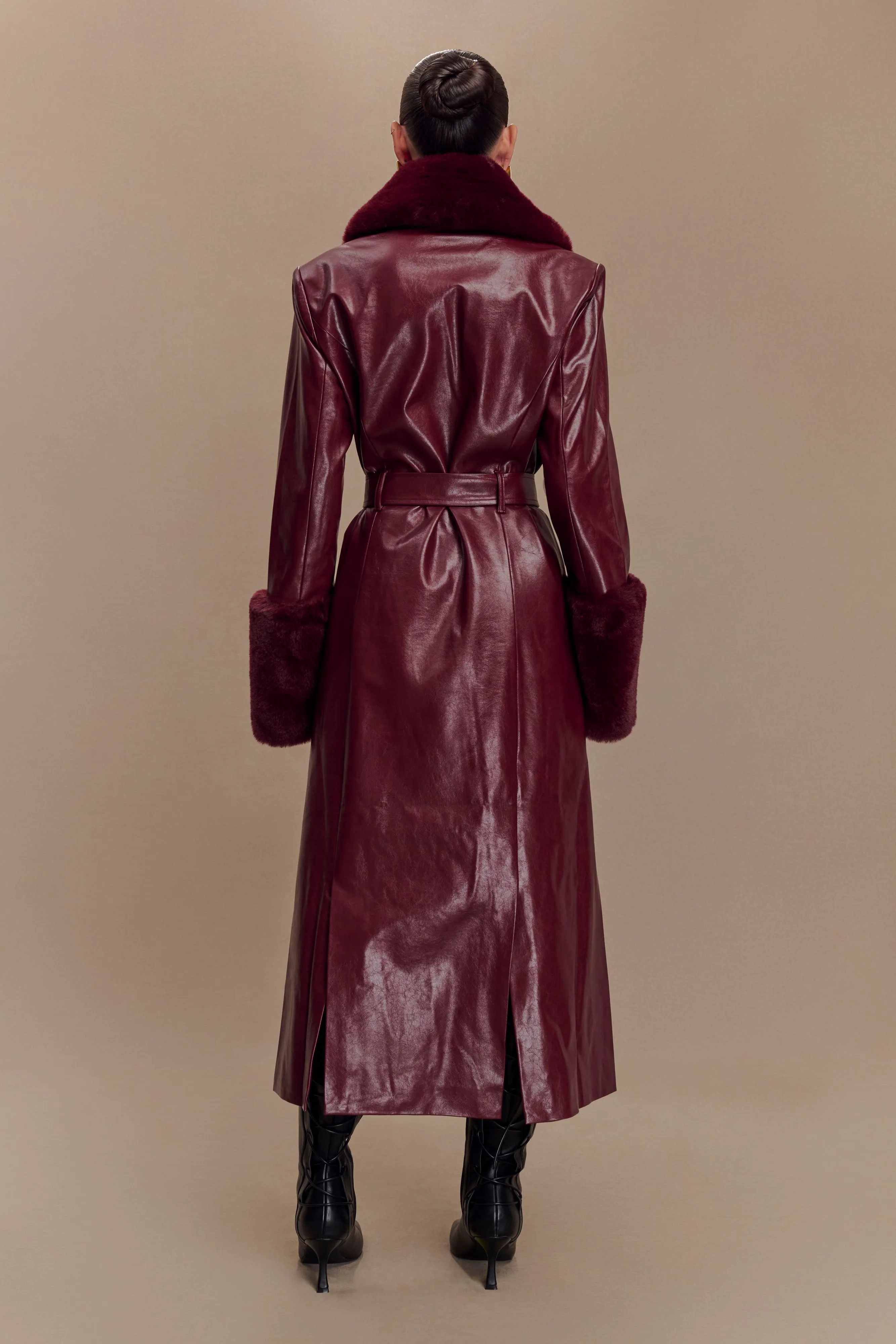 Bec Faux Leather Trench Coat With Faux Fur - Cherry Red