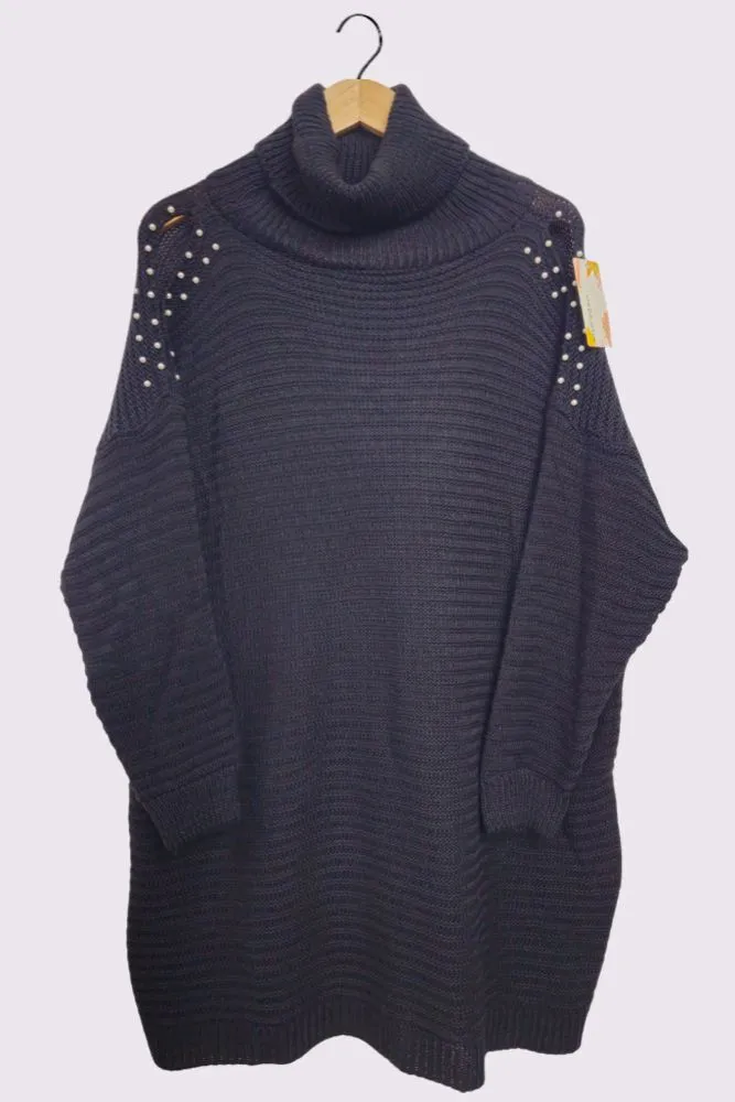 Cold Shoulder Pearl Design Knit Style Oversized Jumper