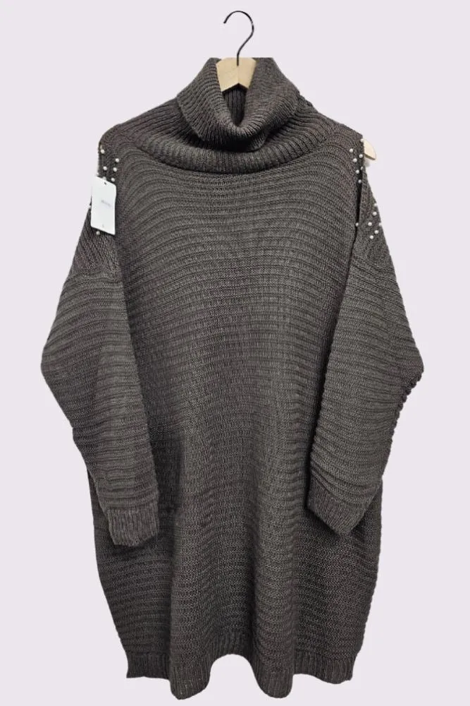 Cold Shoulder Pearl Design Knit Style Oversized Jumper