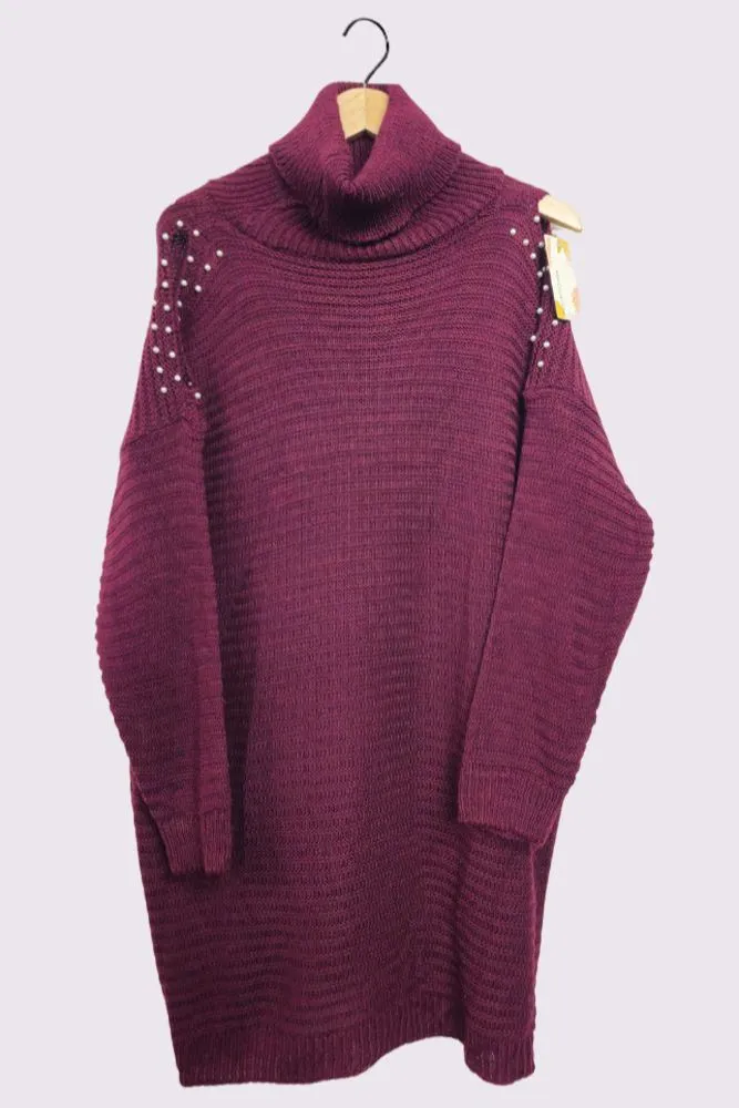 Cold Shoulder Pearl Design Knit Style Oversized Jumper