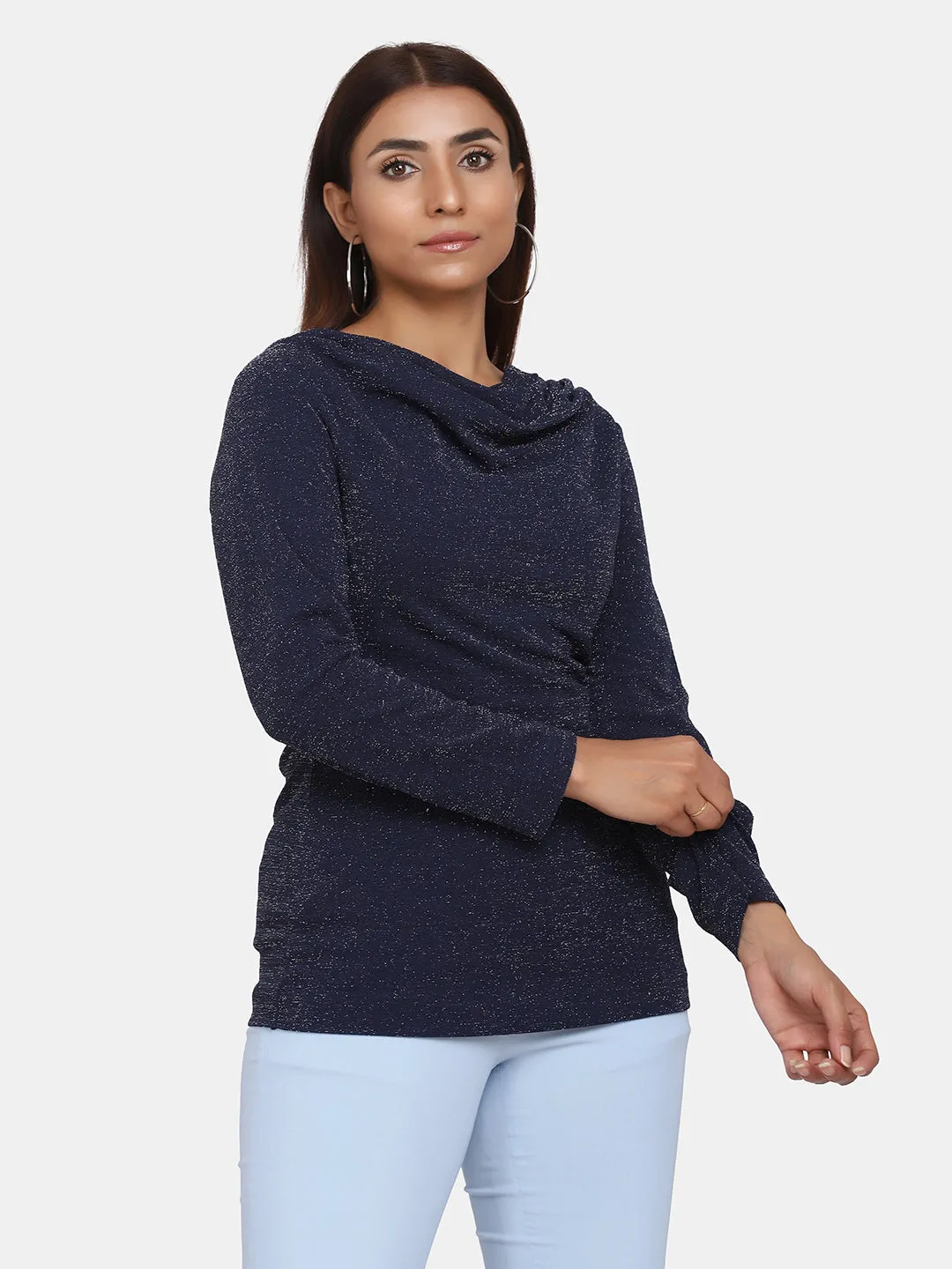 Cowl Neck Shimmery Top for Women - Navy Blue