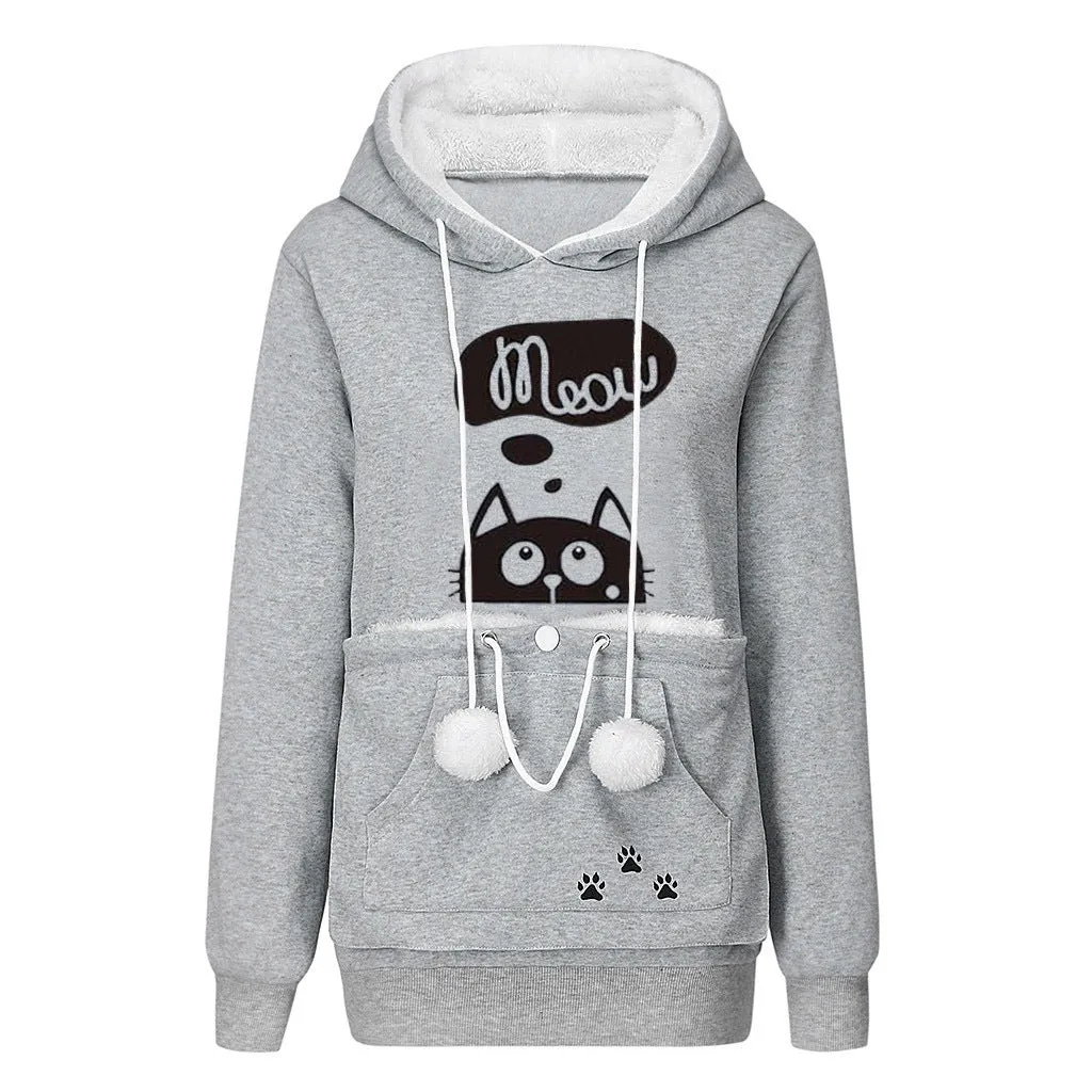 Cozy Cat Hoodie Mit Print With Large Pockets – Women’s Vintage Clothing Hoodies