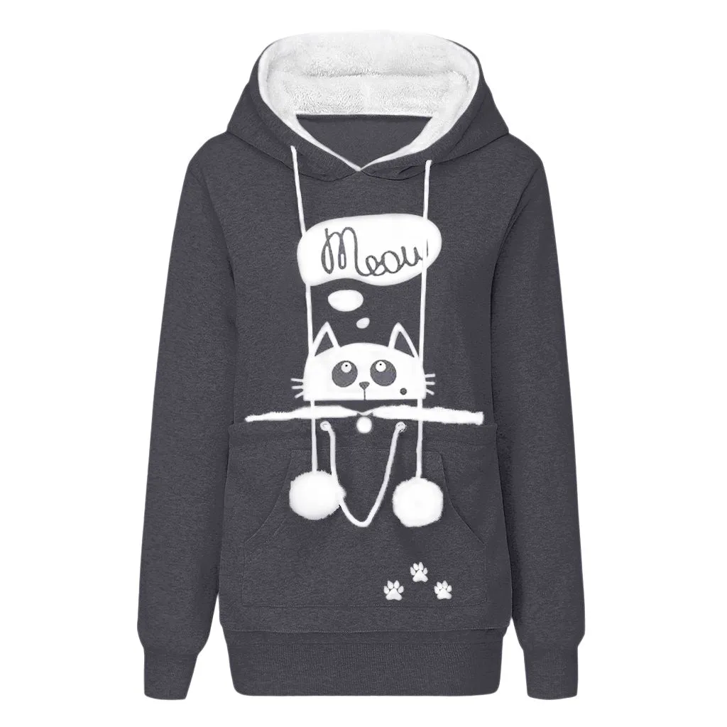 Cozy Cat Hoodie Mit Print With Large Pockets – Women’s Vintage Clothing Hoodies