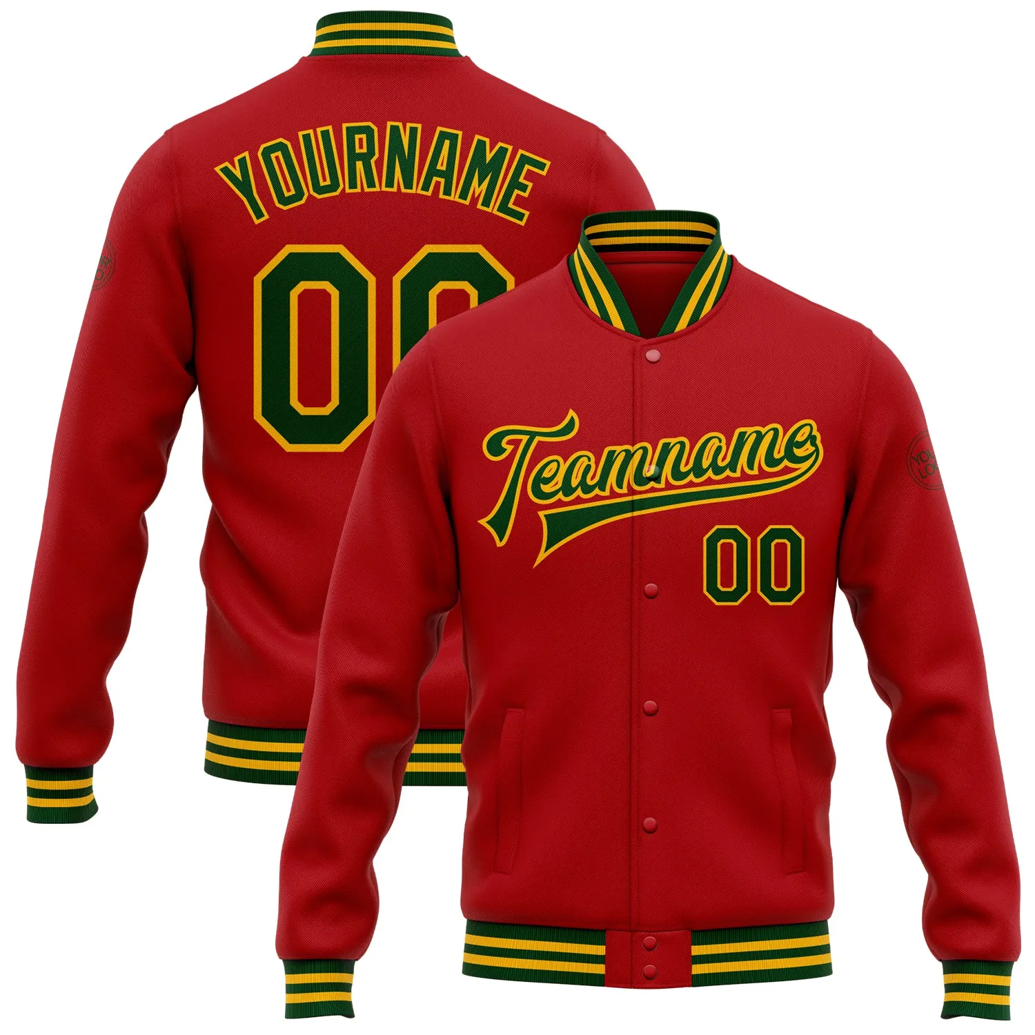 Custom Red Green-Gold Bomber Full-Snap Varsity Letterman Jacket