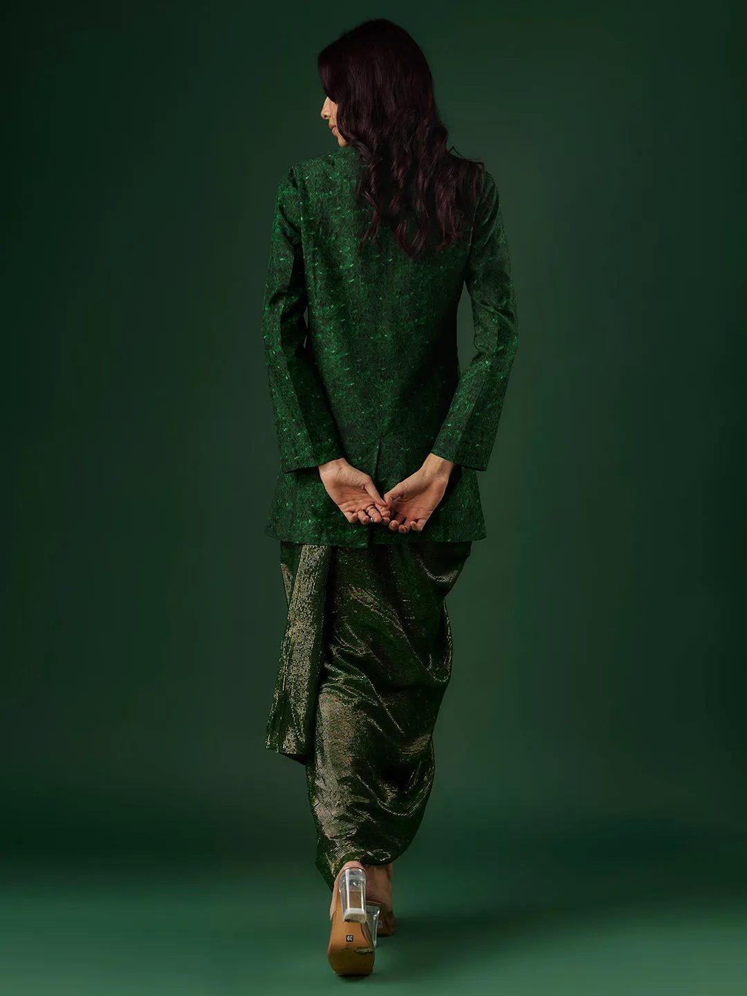 Deep Green Upada Silk & Shimmer Handpainted Draped Pant Saree Set