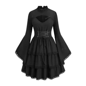 Funki Buys | Dresses | Women's Gothic Lace Up Ruffled Dress