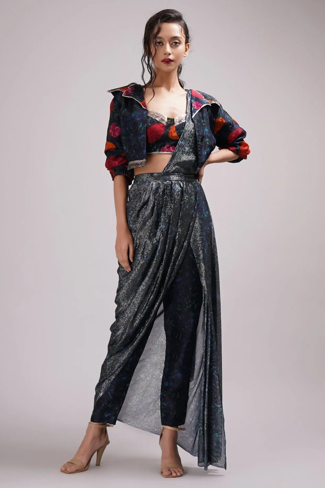 Fusion Style Bomber Jacket Drape Pant Saree Set