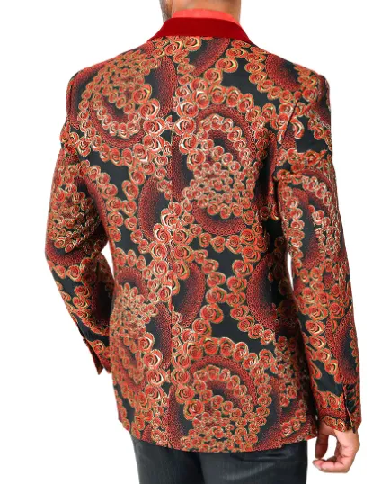 Gold and Red Rose Print Fashion Jacket with Peak Lapels