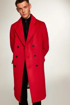 Man Casual Business Red Coat Tweed Woolen Jacket Vintage Coat Double Breasted Trench Coat