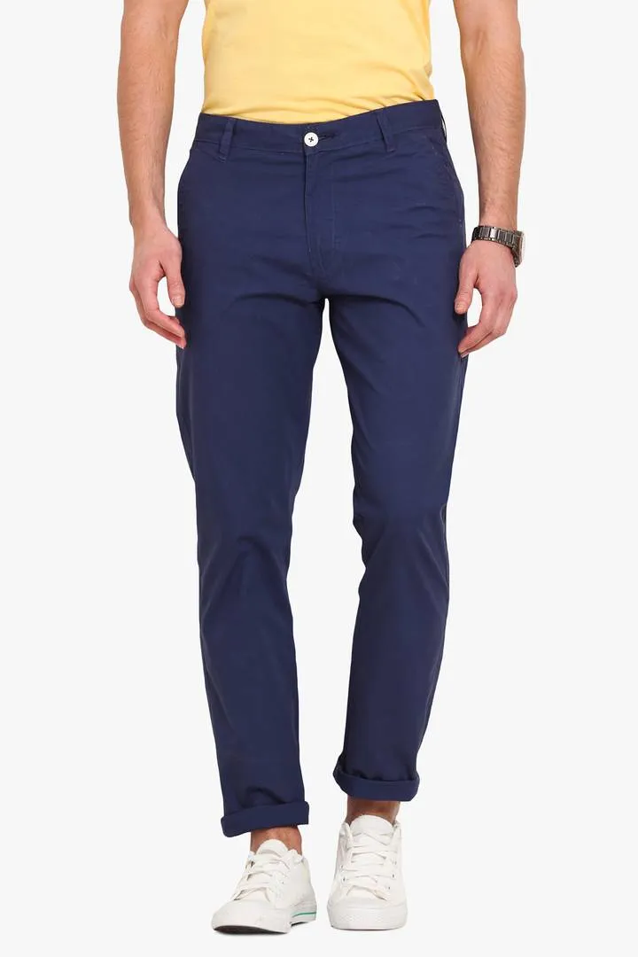 Men's Blue Cotton Solid Mid-Rise Casual Regular Fit Chinos