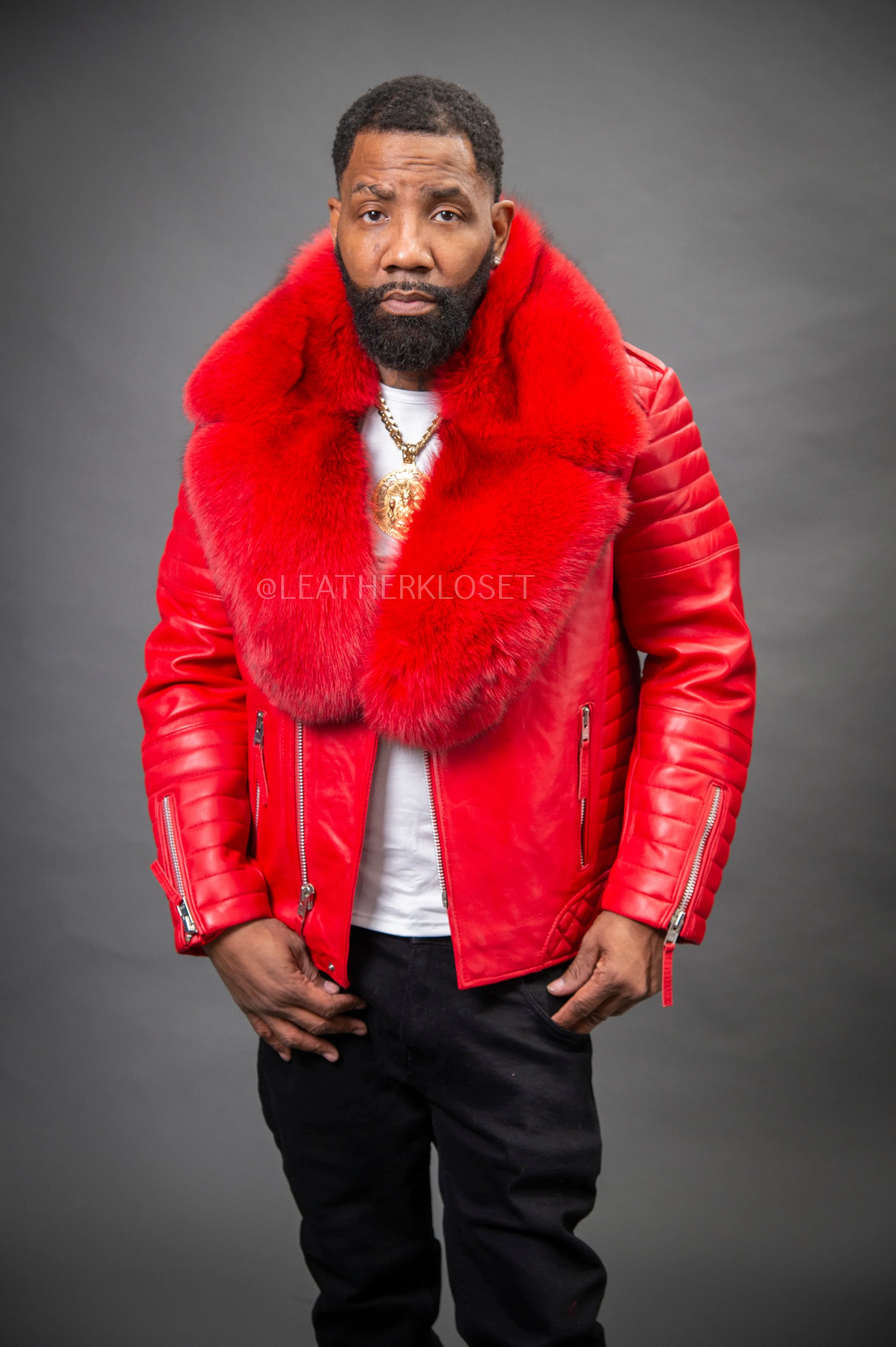 Men's Jay Biker Red With Full Fox Fur Collar [Red]