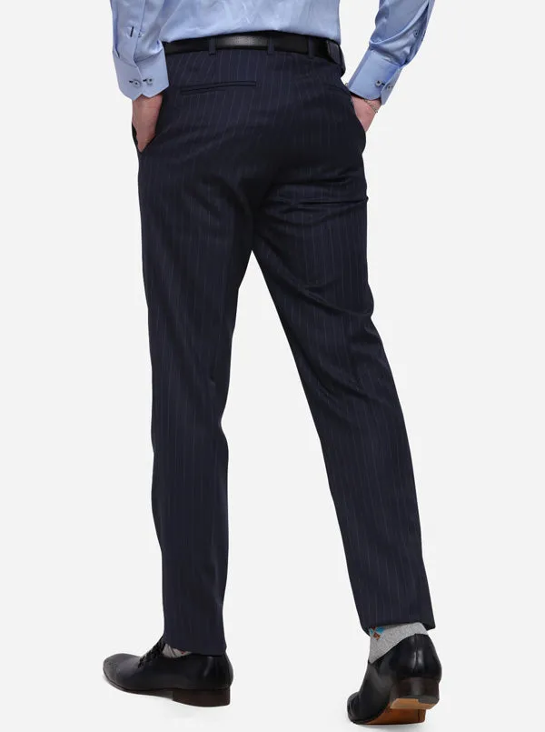 Navy Blue Striped Super Slim Fit Formal Trouser | JadeBlue