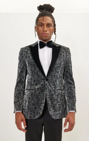 Oriental Flocking Peak Lapel Tuxedo Jacket - Metallic Silver