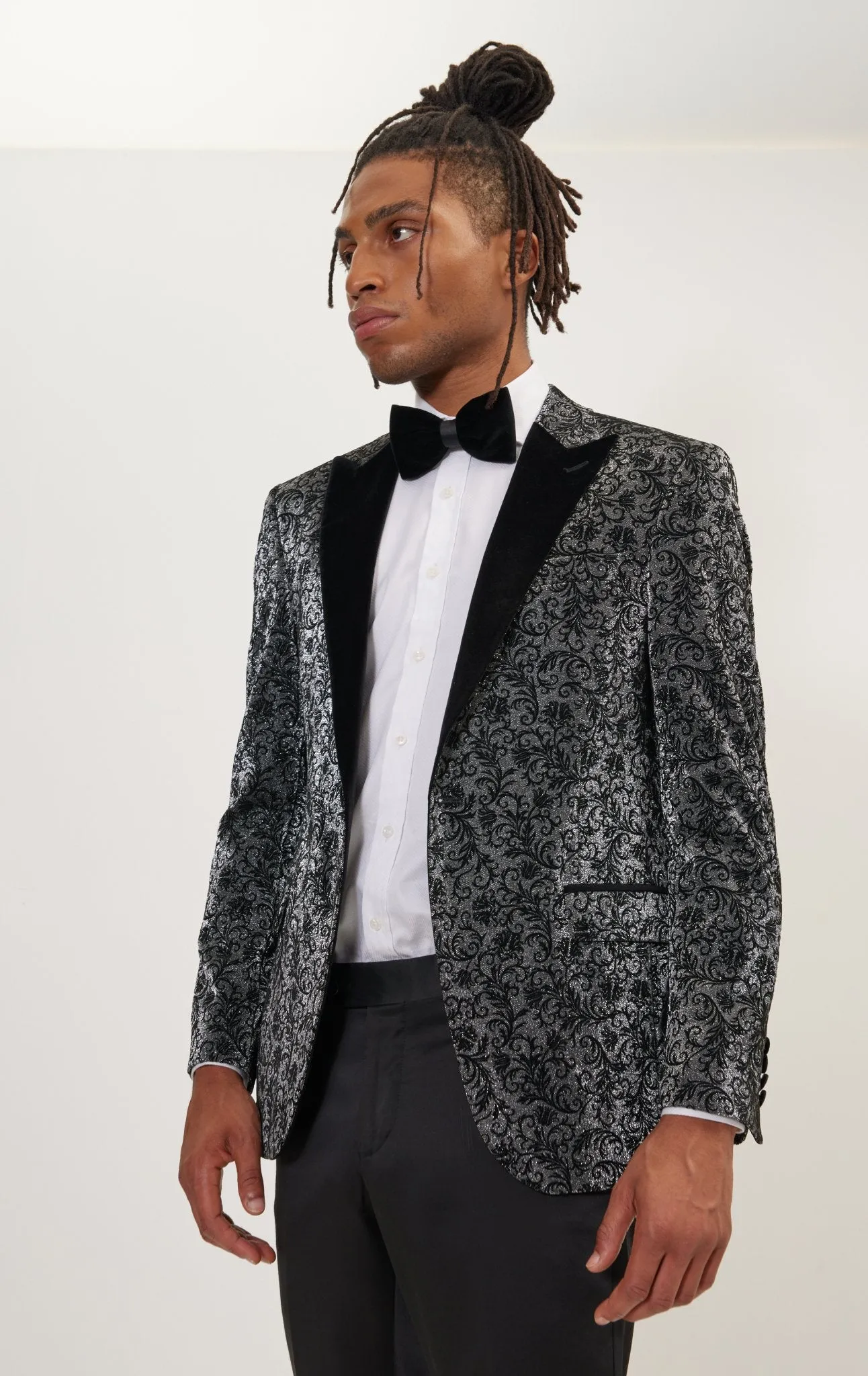 Oriental Flocking Peak Lapel Tuxedo Jacket - Metallic Silver