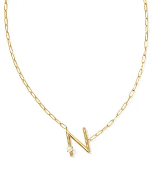 Pearl Letter N Pendant Necklace in Gold White Pearl