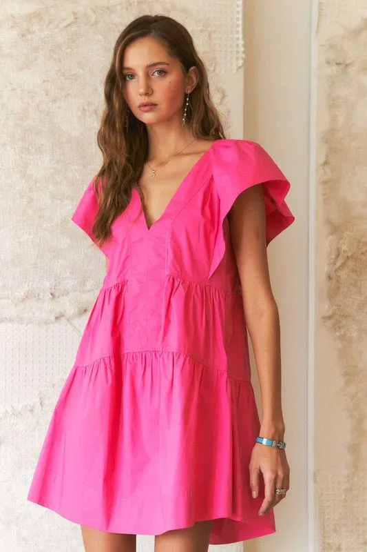 Pink Ruffle Sleeve Tiered Babydoll Dress