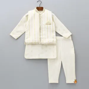 Pre Order: Off White Embroidered Cotton Kurta With Shimmery Pocket Square Jacket And Pyjama