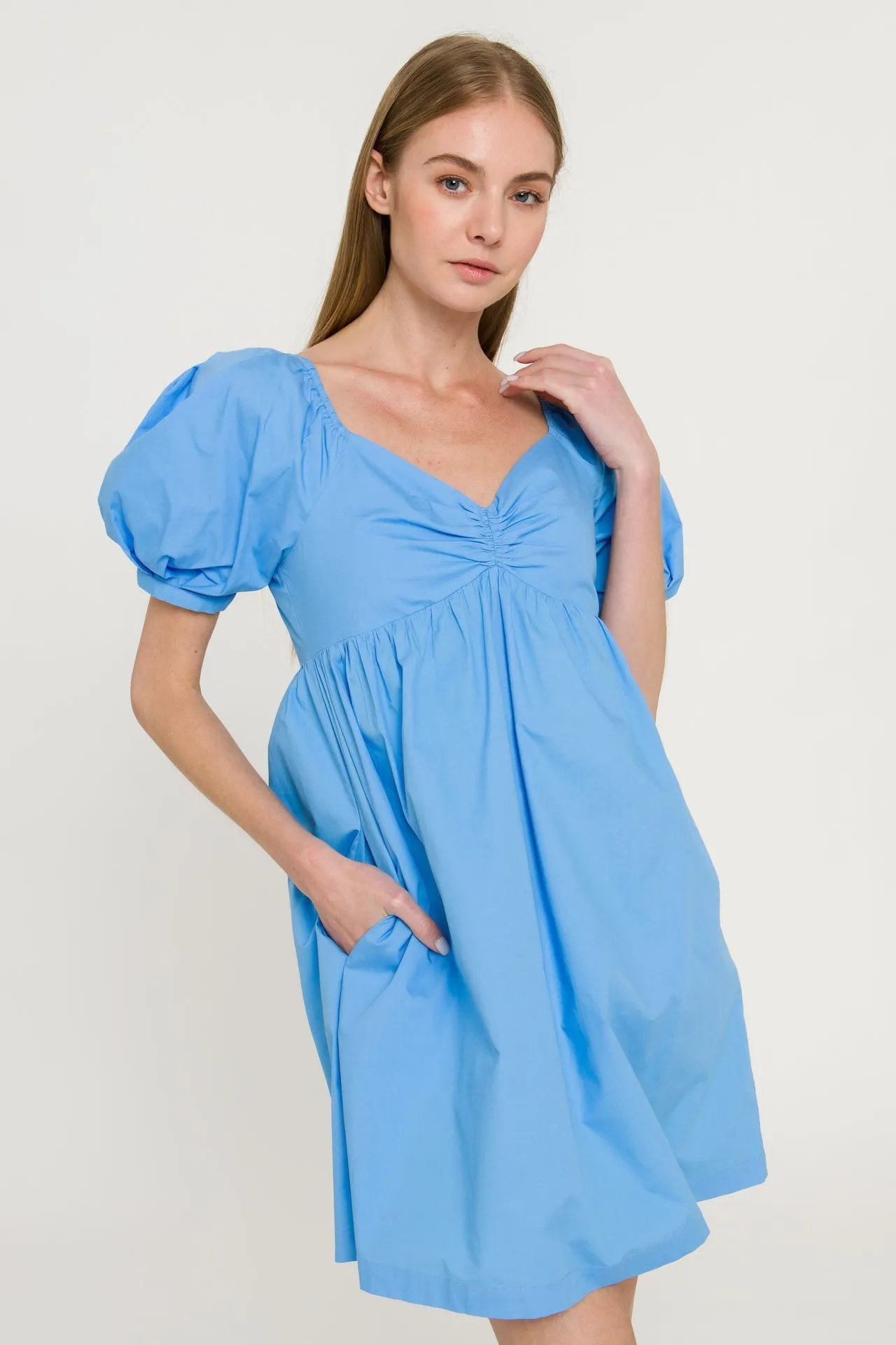 Puff Sleeve V-Neck Babydoll Dress