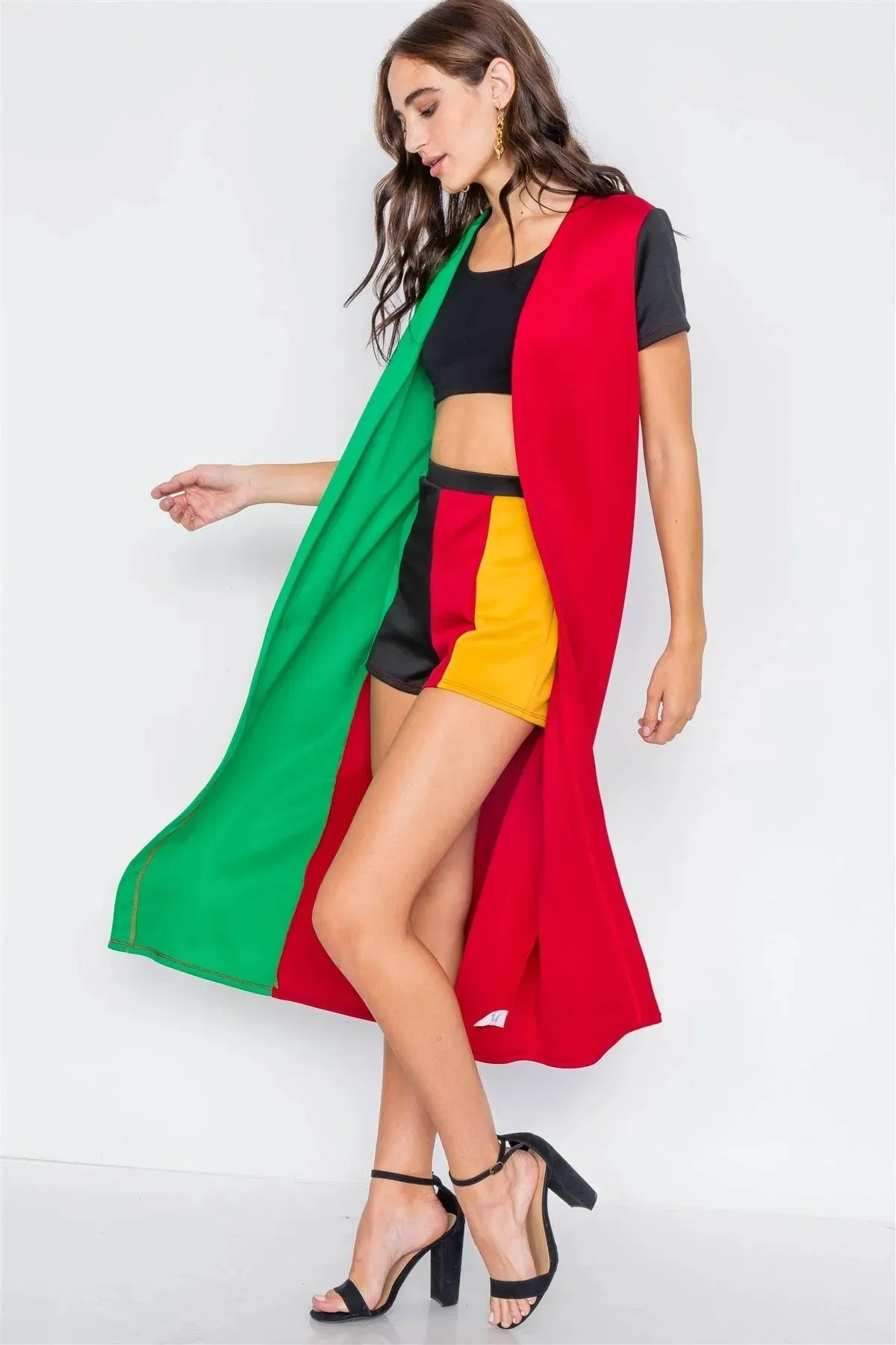 Red Black Green & Yellow Color Block Shorts & Trench Coat Set  /2-3