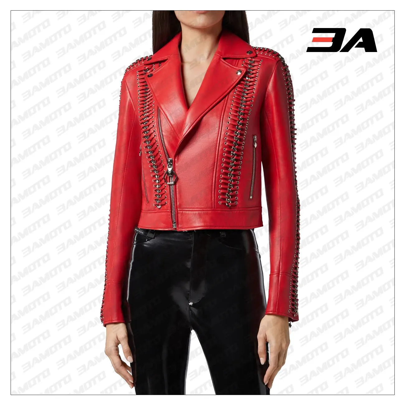 Red Perfecto Crystal Work Biker Jacket