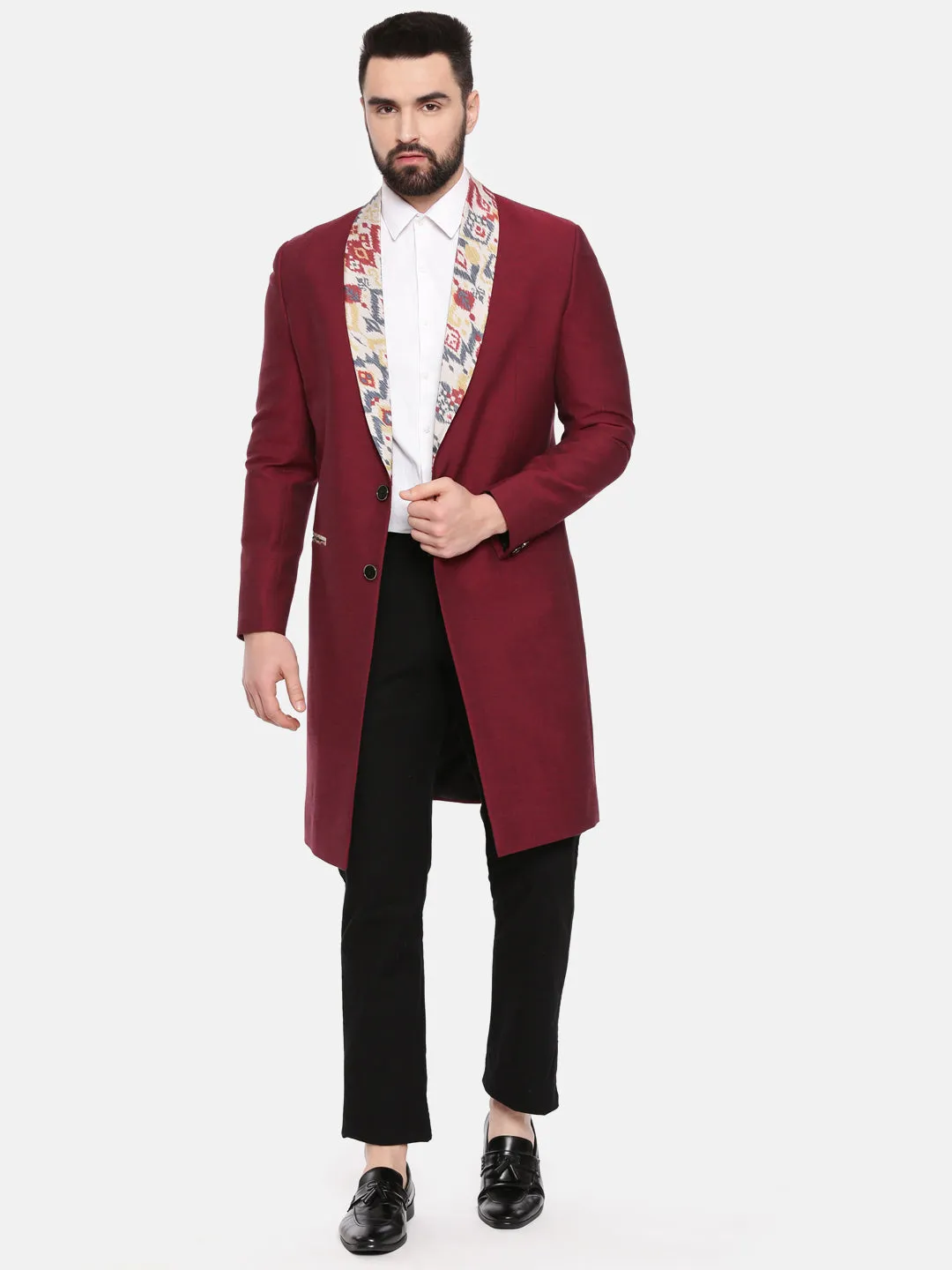 Red Printed Long Trench Coat - MMTC004