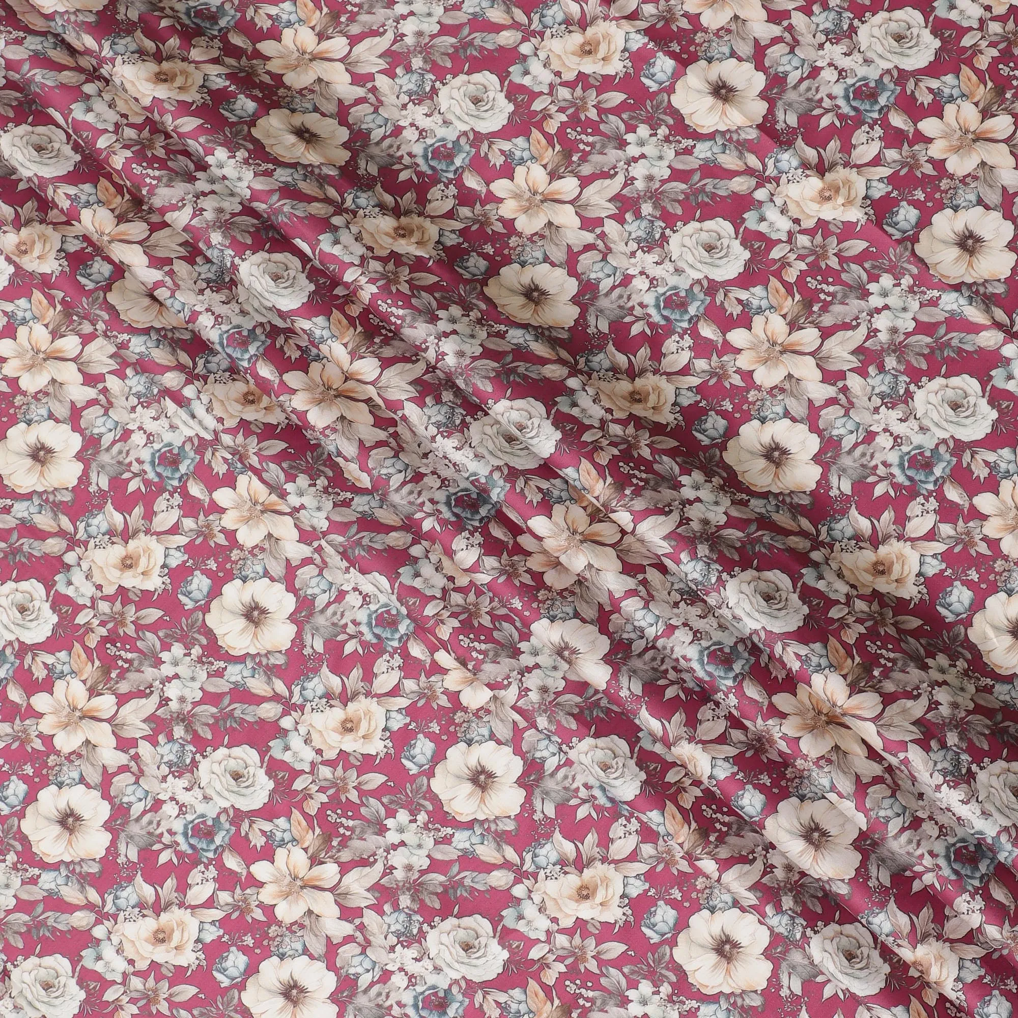 Romantic Rose Floral Cotton Satin Fabric, Rich Red and Cream Hues, 110 cm Wide-D19194