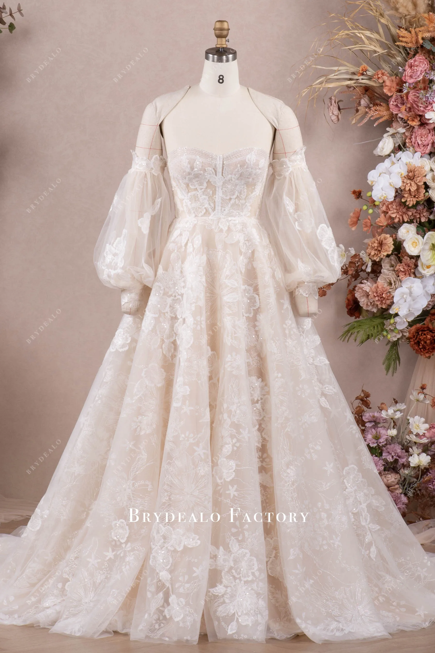 Romantic Shimmery Lace Off Shoulder Champagne Wedding Dress