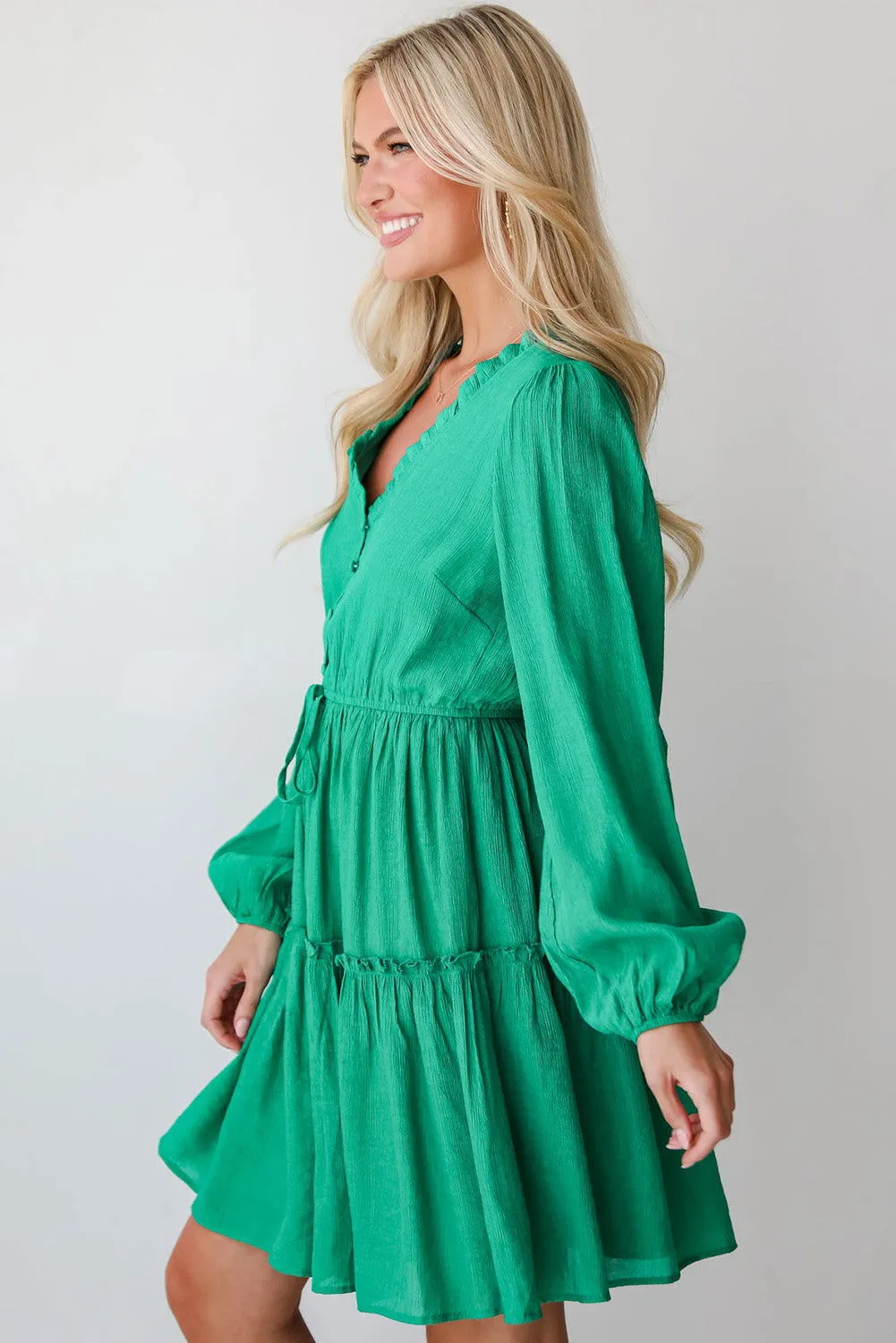 Sea Green Frill V Neck Puff Sleeve Drawstring Mini Dress