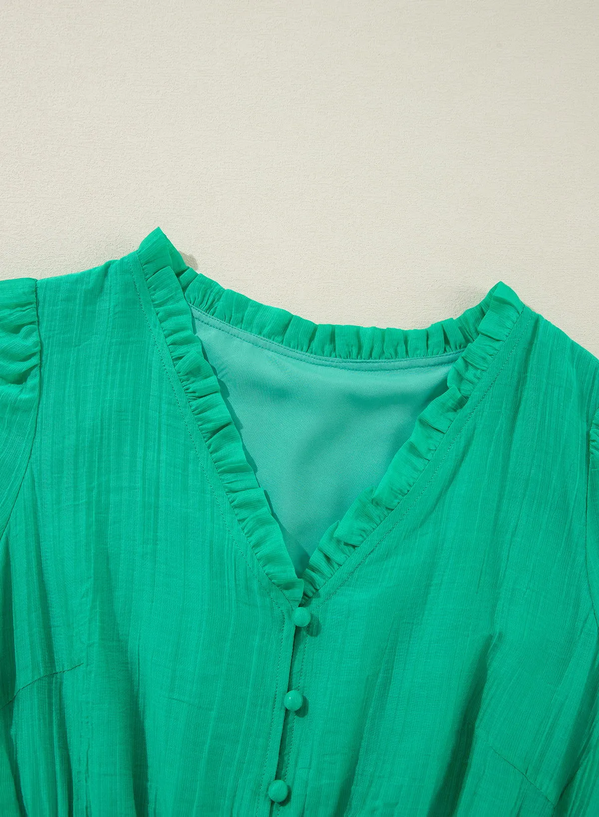 Sea Green Frill V Neck Puff Sleeve Drawstring Mini Dress