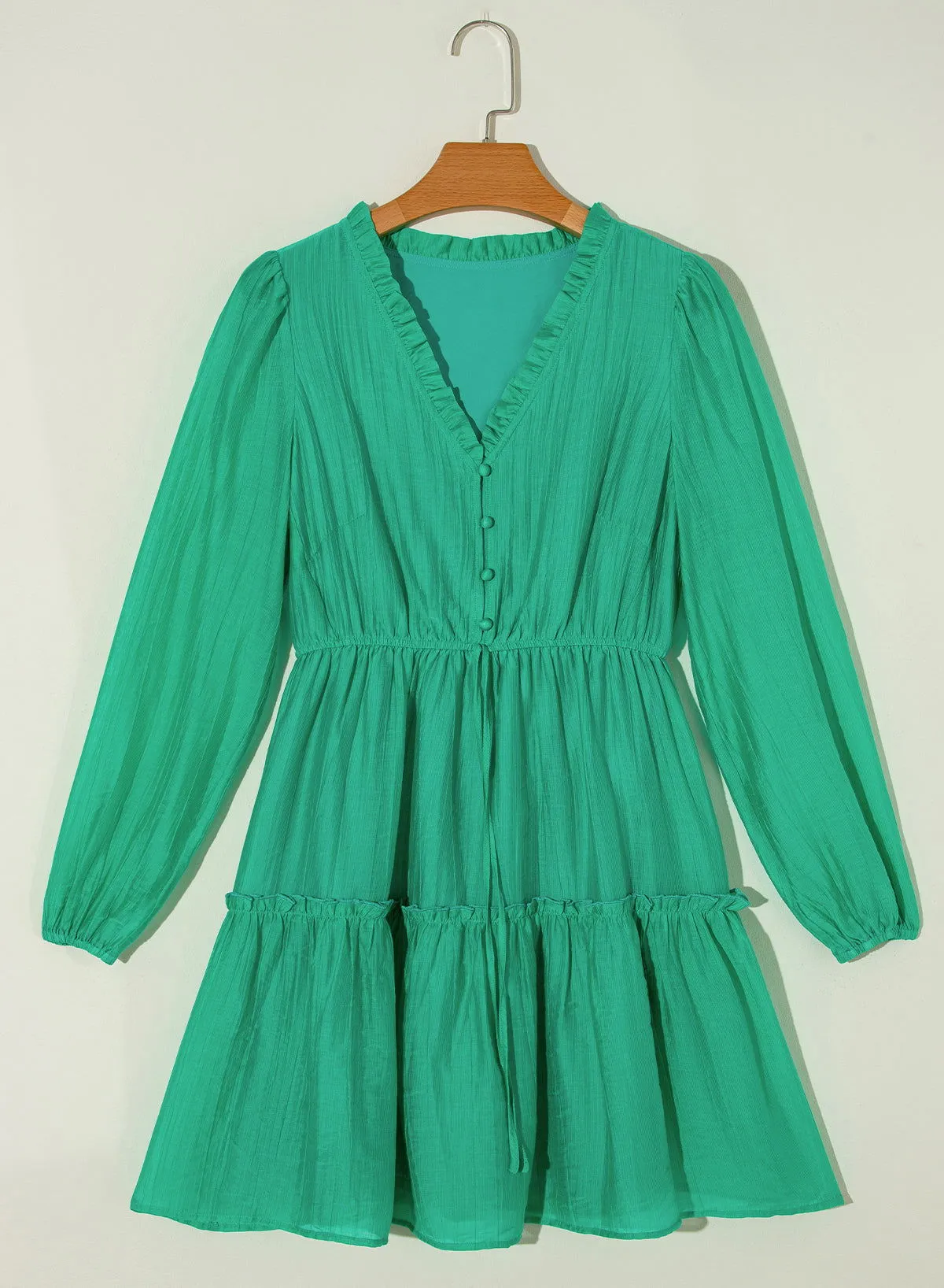 Sea Green Frill V Neck Puff Sleeve Drawstring Mini Dress