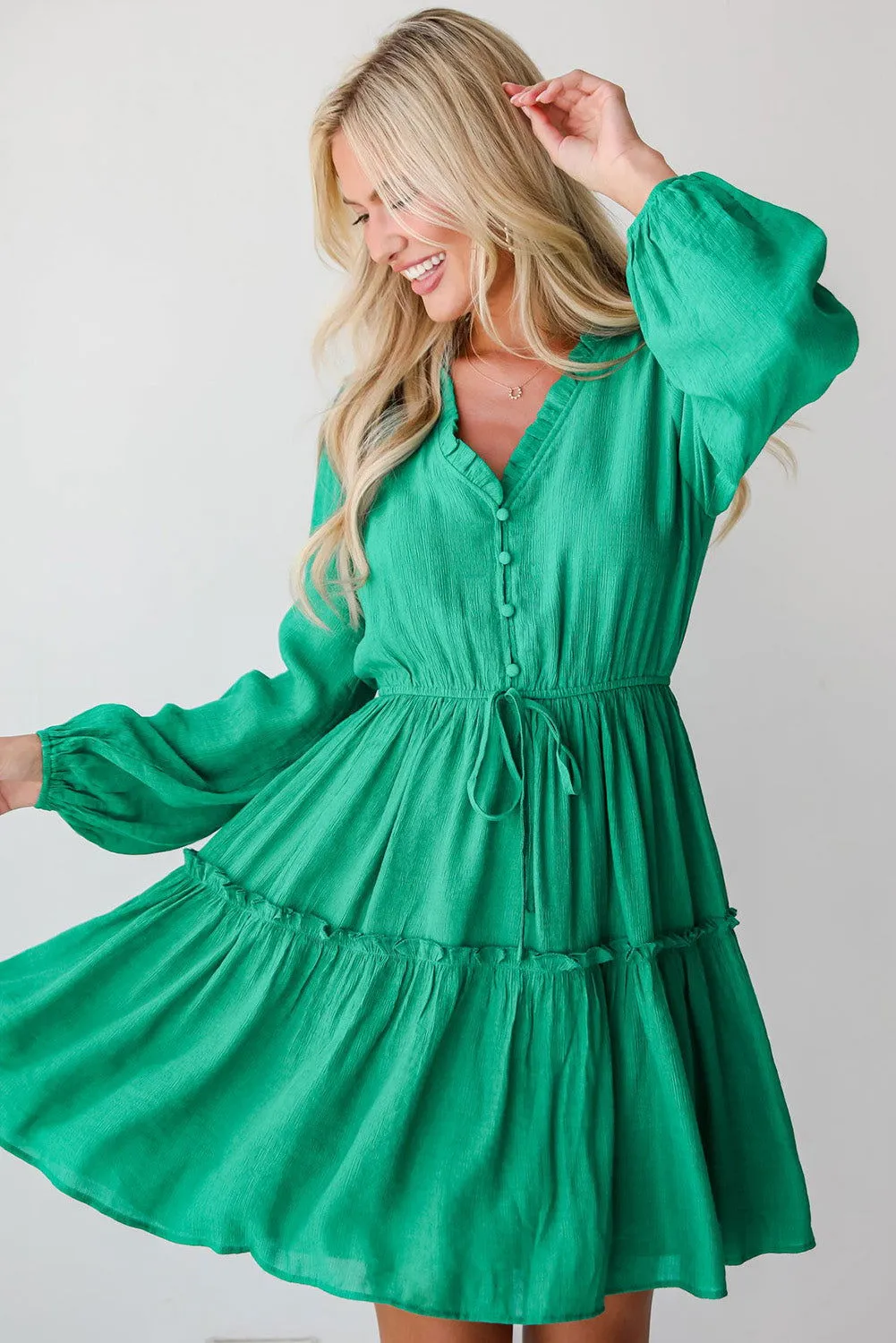 Sea Green Frill V Neck Puff Sleeve Drawstring Mini Dress