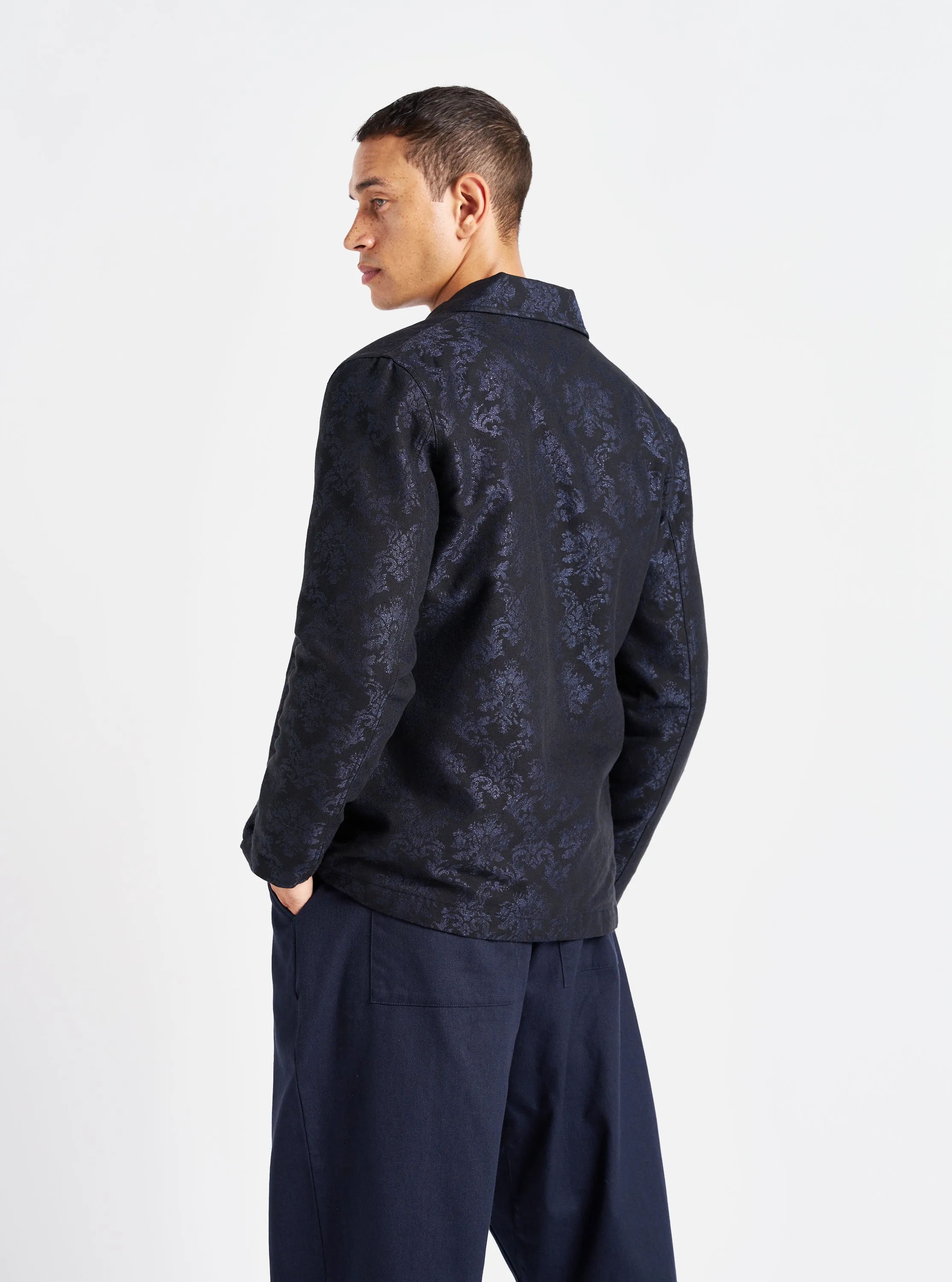 Universal Works Bakers Jacket in Black Starry Night Cotton Mix