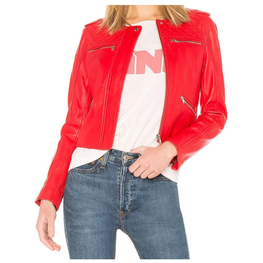 Women Red Leather Motorcycle Jacket