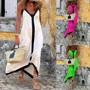 Women's Fashionable Casual Solid Color Spaghetti Straps Sleeveless V-neck Midi Dress