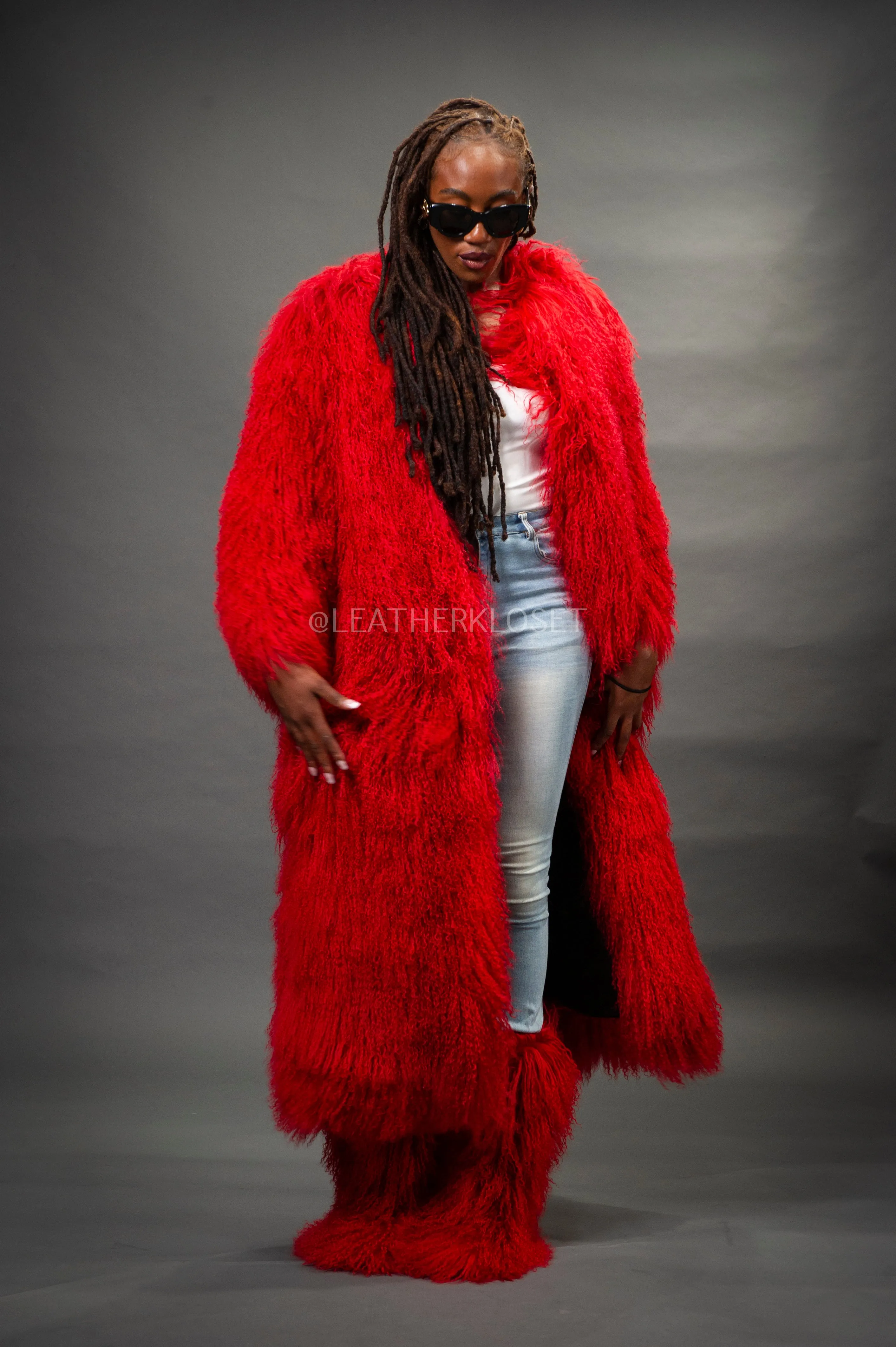 Women's Imani Mongolian Fur Trench Coat [Red]