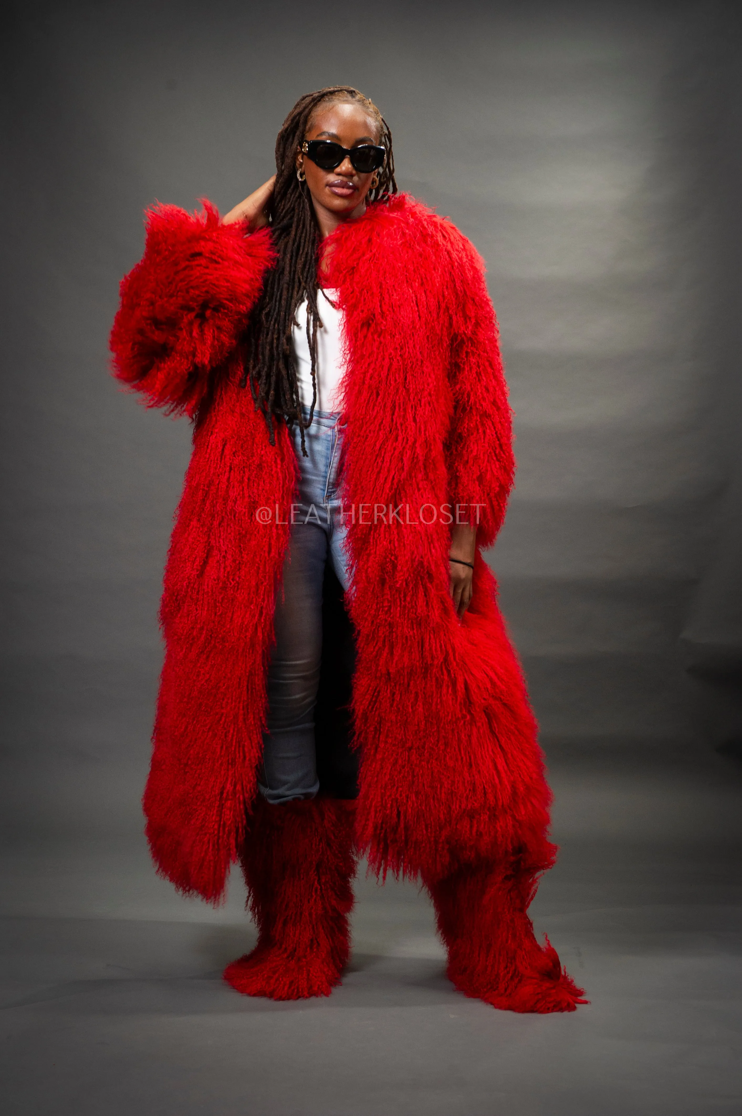 Women's Imani Mongolian Fur Trench Coat [Red]