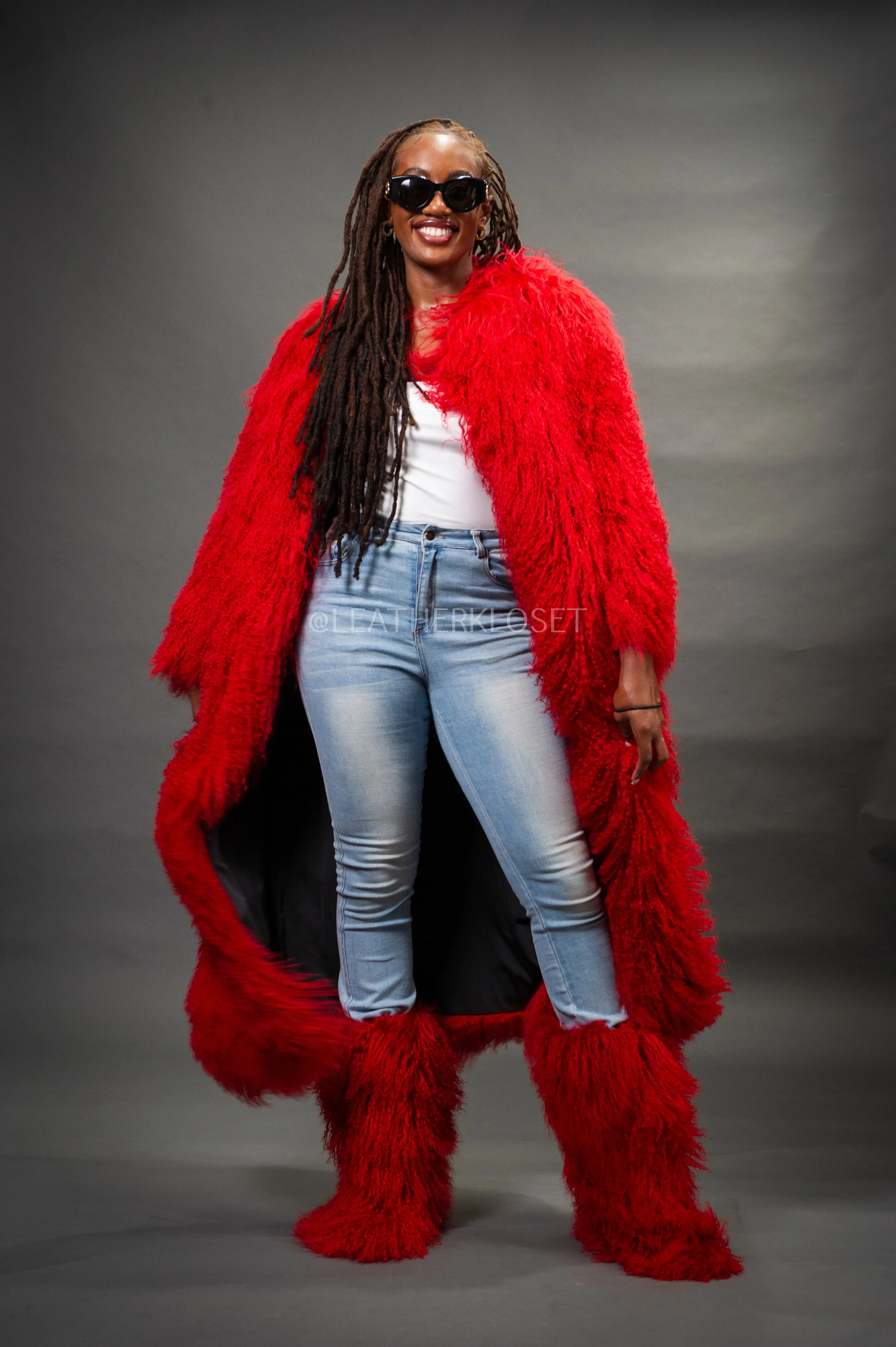 Women's Imani Mongolian Fur Trench Coat [Red]