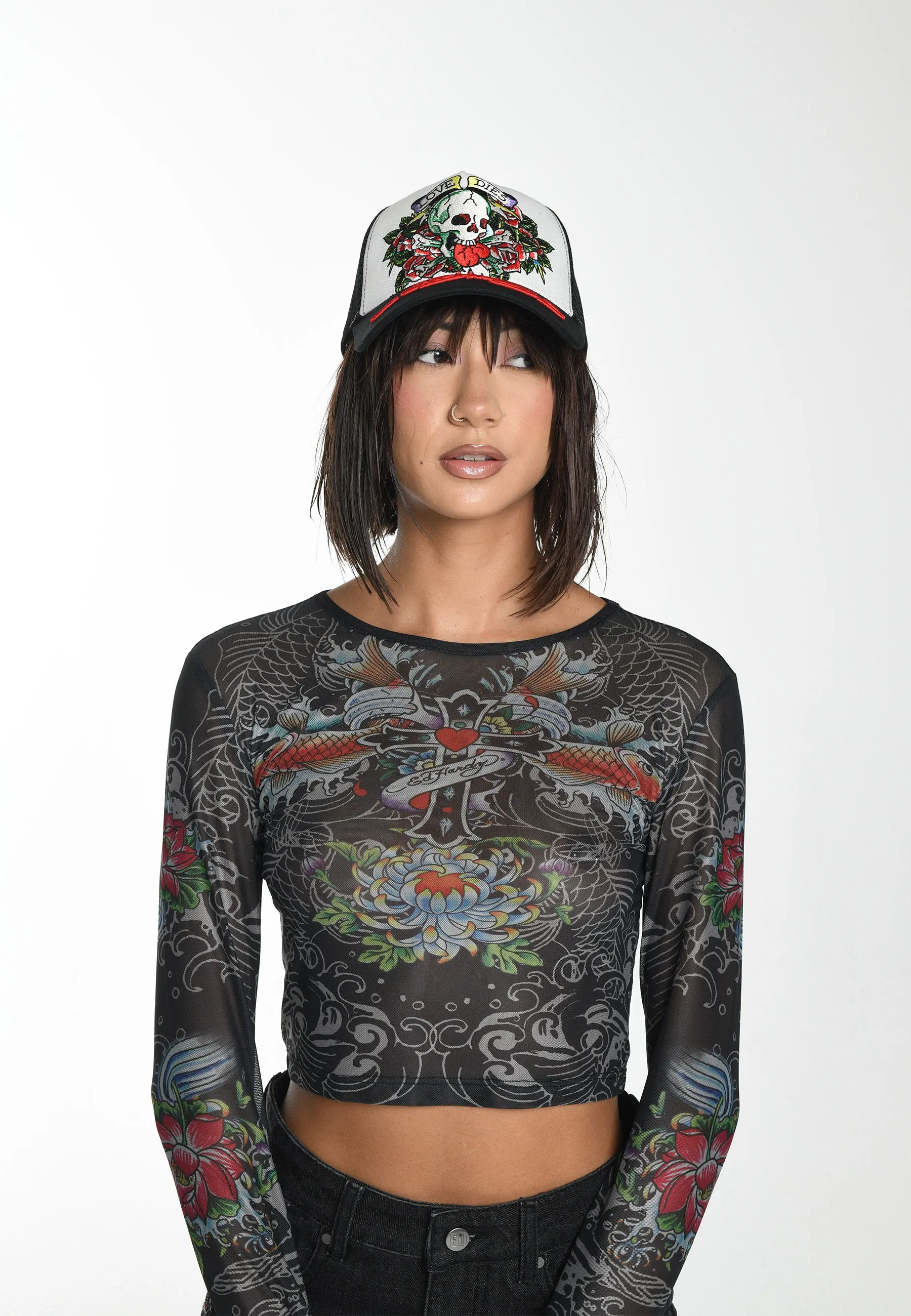 Womens Koi Paradise Mesh Long sleeve T-Shirt - Black