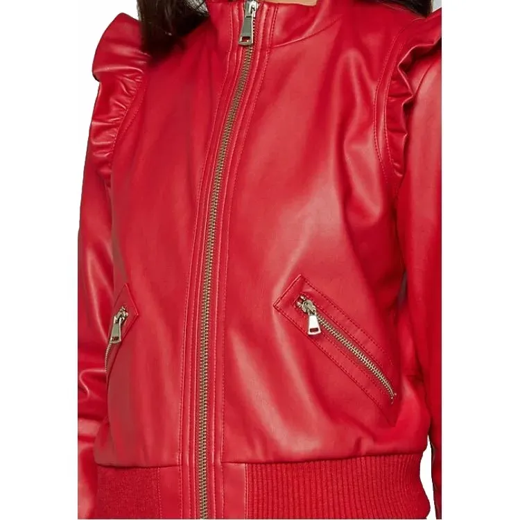 Women's Red Leather Bomber Jacket