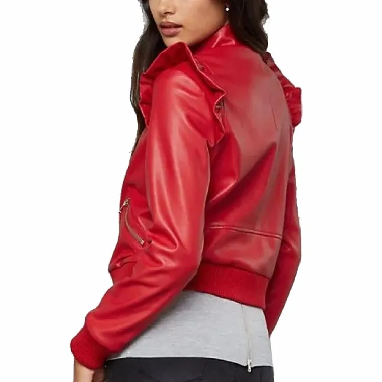 Women's Red Leather Bomber Jacket