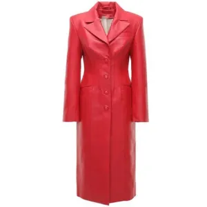 Women's Red Leather Button-Up Steampunk Trench Coat